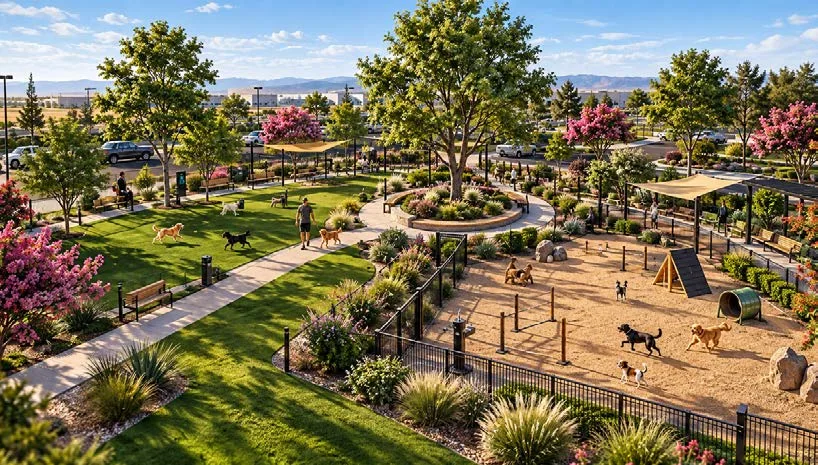 Conceptual rendering of a fenced dog park with lawn, trees and walking paths