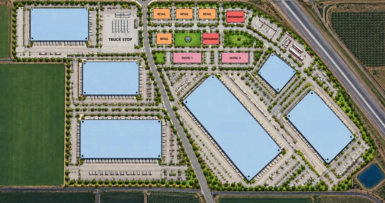 Conceptual Jackson Ranch industrial plan: six buildings between Utica Avenue and Interstate 5, with an illustrative commercial area along Utica Avenue