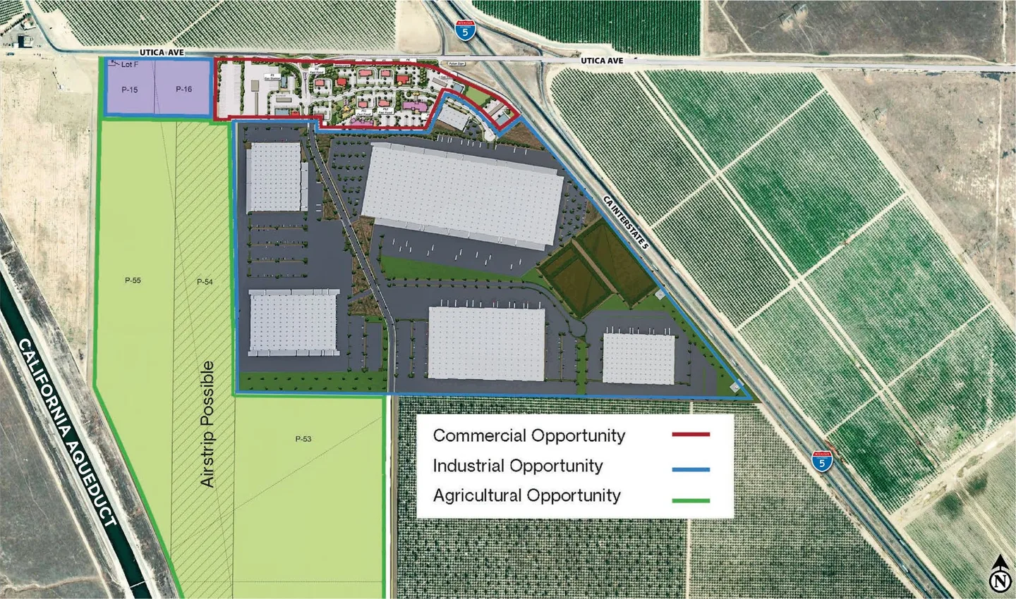 Jackson Ranch land use plan showing the highway commercial area along Utica Avenue outlined in red, the industrial opportunity, an earlier five-building layout, outlined in blue, and the agricultural parcels outlined in green between the campus and the California Aqueduct