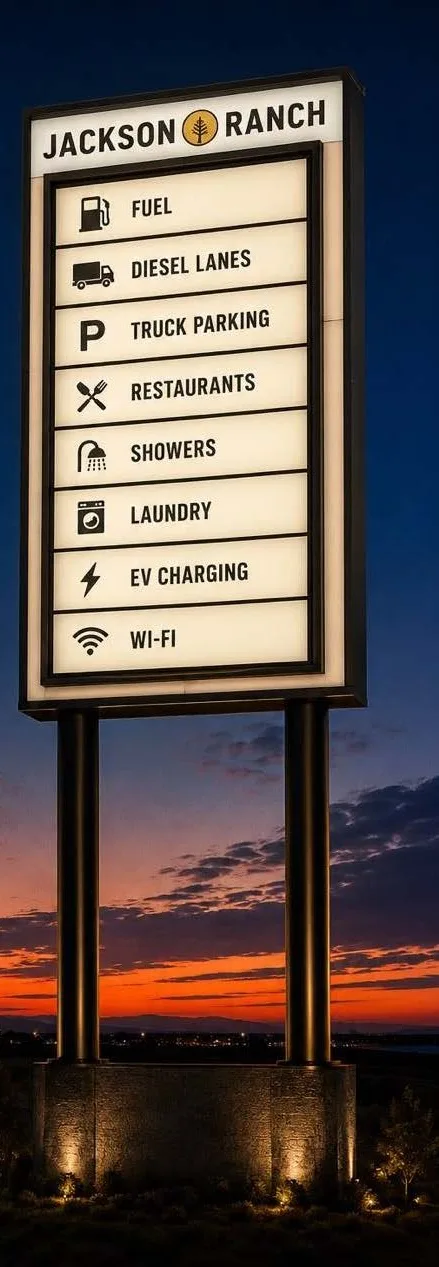 Conceptual rendering of the Jackson Ranch pylon sign lit at dusk, its panels listing fuel, diesel lanes, truck parking, restaurants, showers, laundry, EV charging and Wi-Fi