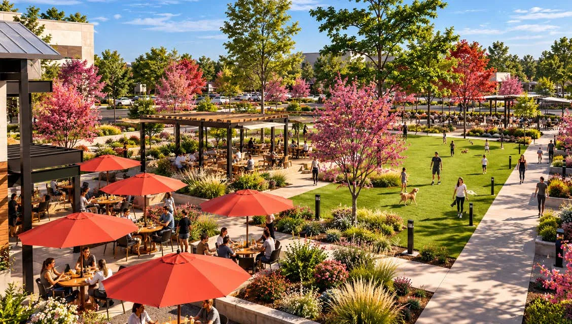 Conceptual rendering of a landscaped rest area with shaded patio seating, red umbrellas and a lawn